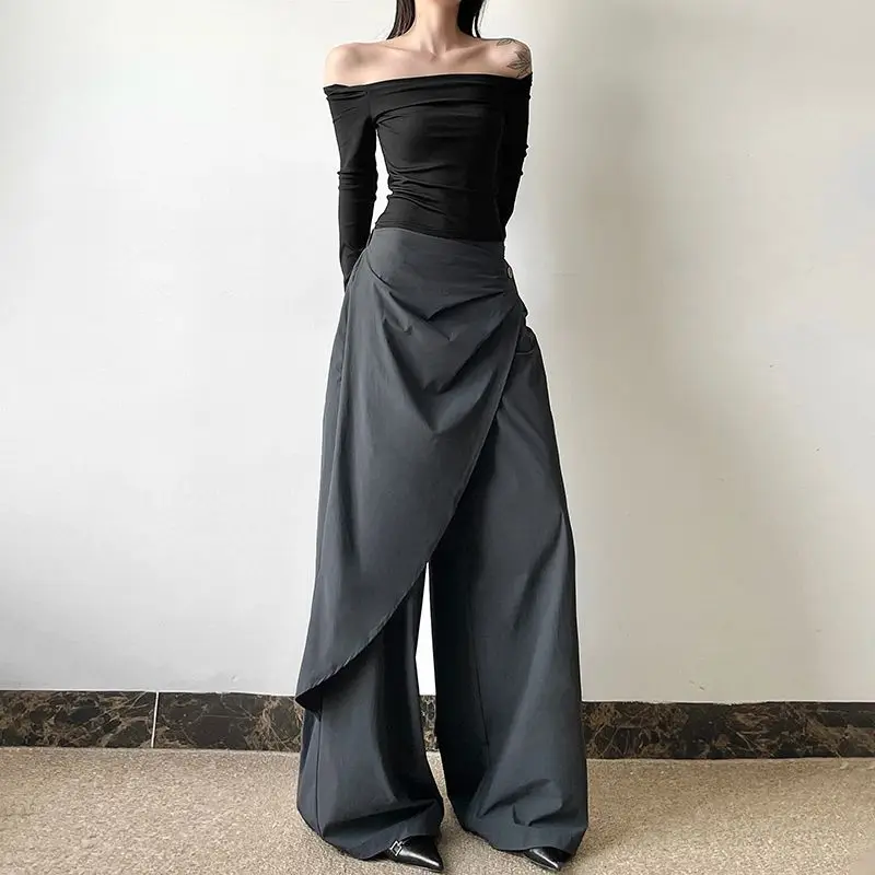 Gepersonaliseerde wijde pijpen broek dames nieuwe retro grijze geplooide casual broek hoge taille losse knop mode elegante kleding