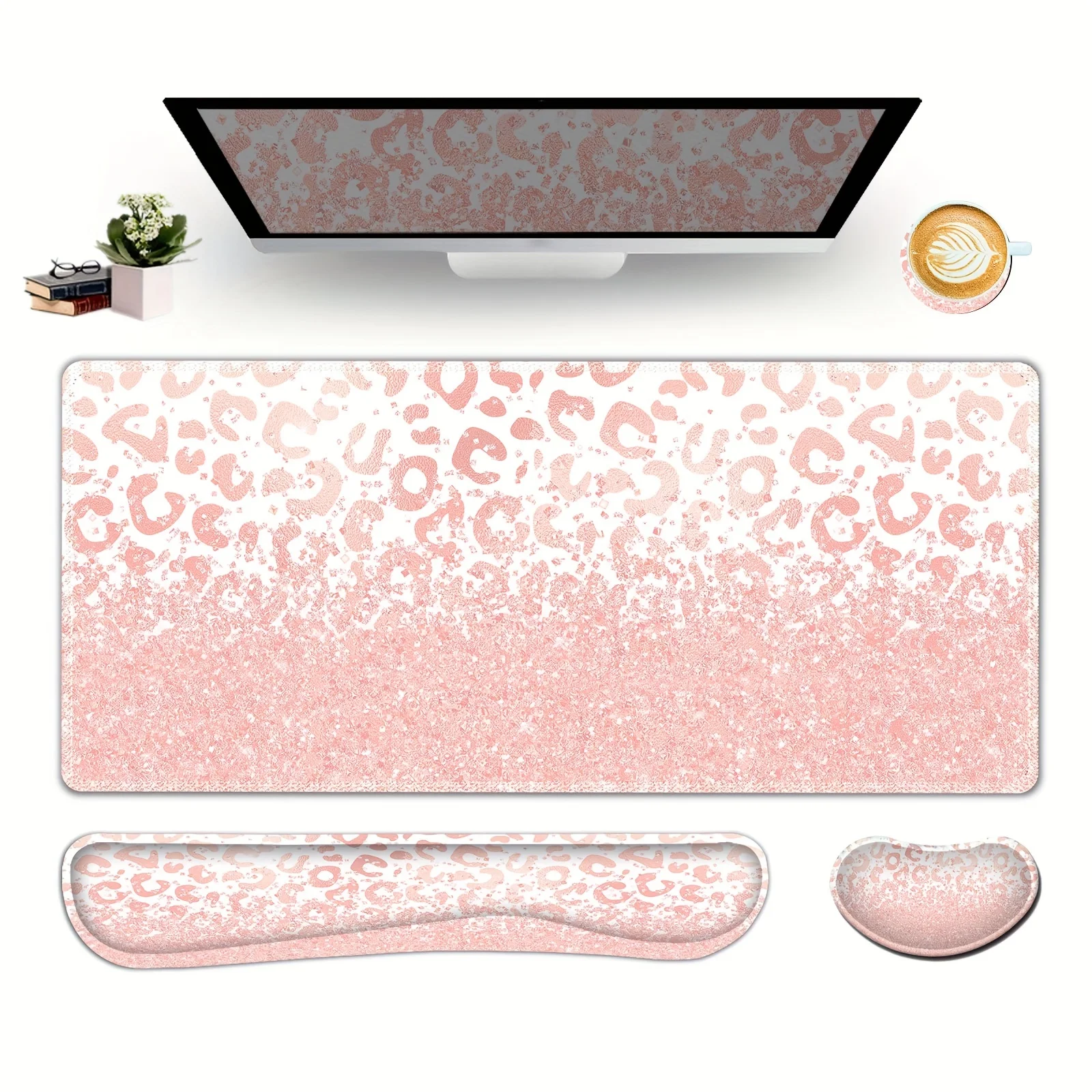 ISETTA 4Pcs Mouse Pad Set XXL Thick Memory Foam Desk Mat Ergonomic Keyboard Wrist Rest Coaster Leopard Print for Office Home Gam