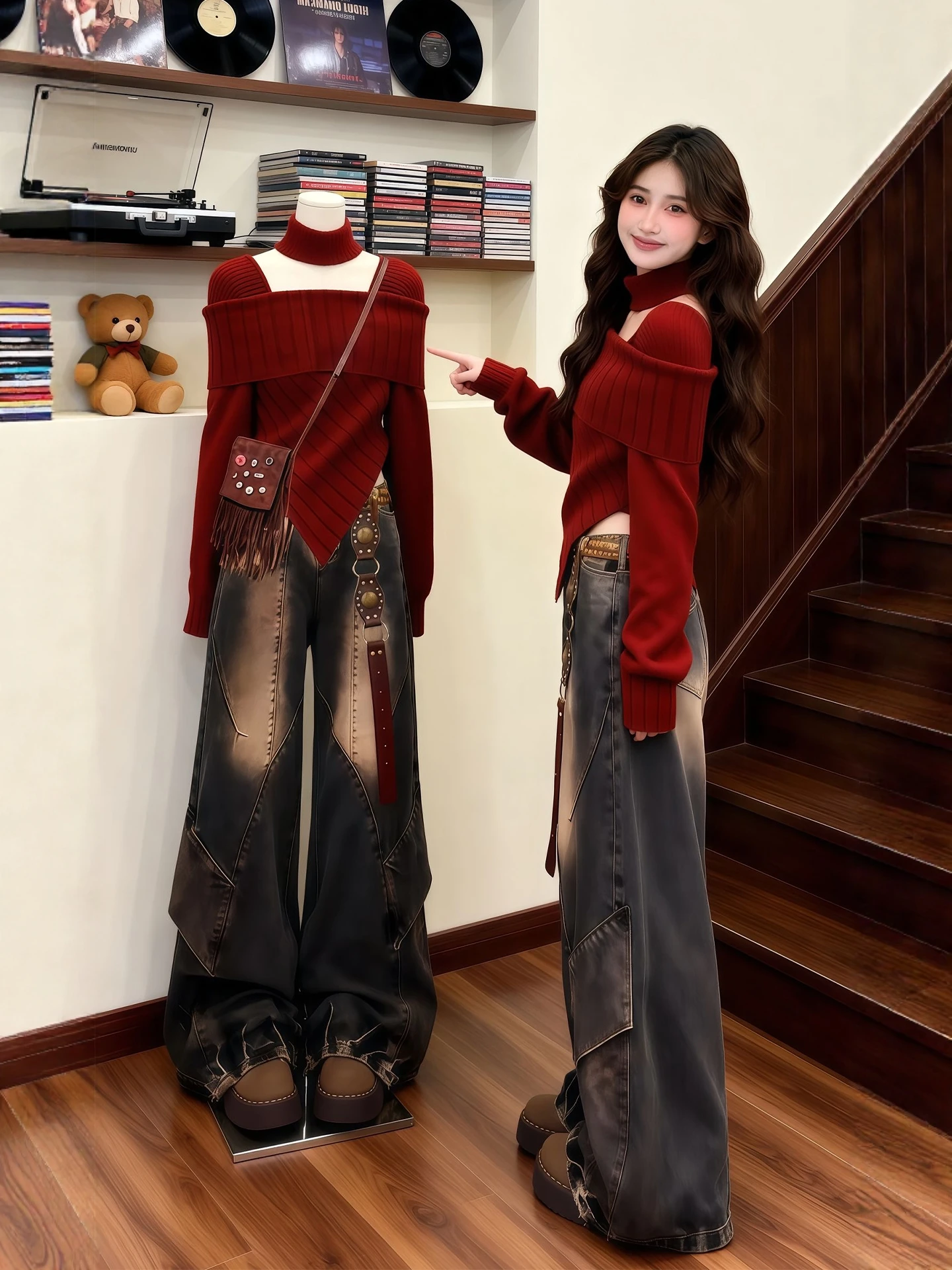 

Red Knitted Sweater And Jeans Set for Women plus Size Winter Faion Sweet And Cool Sle High Waist Long Sve High Quali...