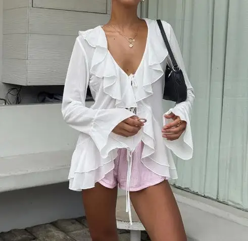 

T-Shirt Women's 2025 Spring/summer Fashion New Casual Hot Girl Sexy Top Chiffon V-Neck Flared Sleeve Ruffle Long Sleeved Shirt