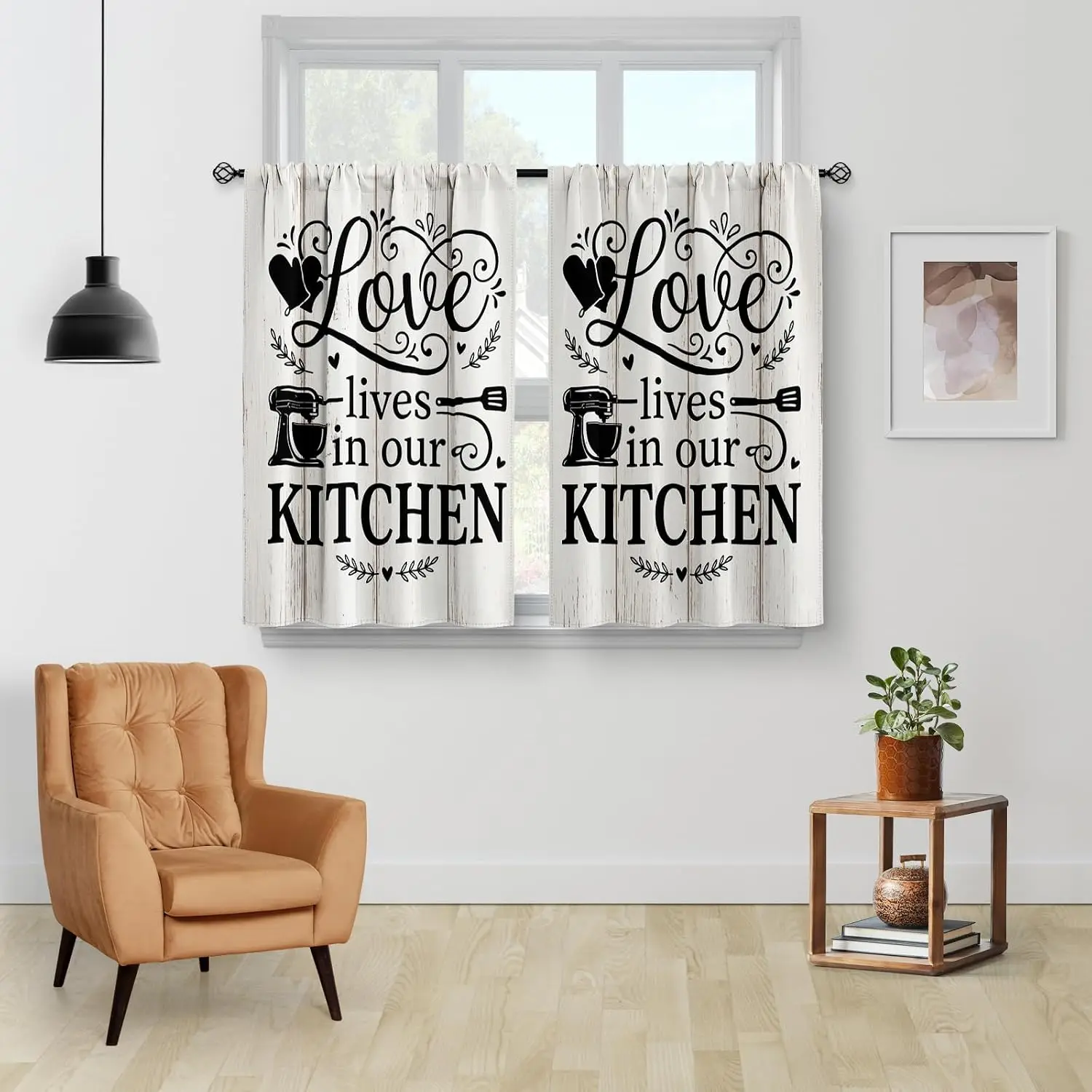 Love Lives In Our Kitchen Curtain Panels, Farmhouse Wood Baking Tool Quote Print Drapes for Kitchen Small Window Home Decor