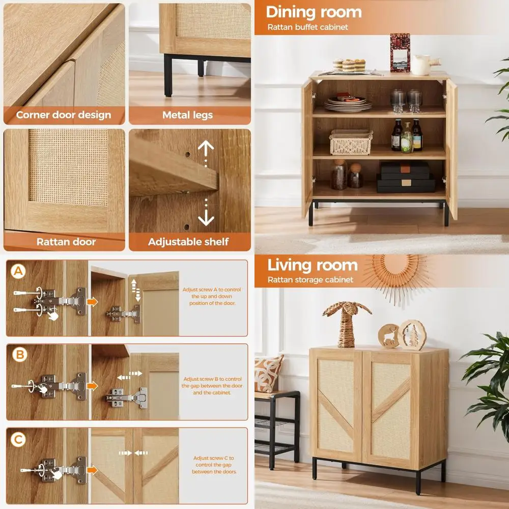 Buffetschrank aus natürlichem Rattan mit 2 Türen, Metallgestell, verstellbares Regal für Küche, Kaffeebar, Eingangsbereich, Flur, Wohnzimmer