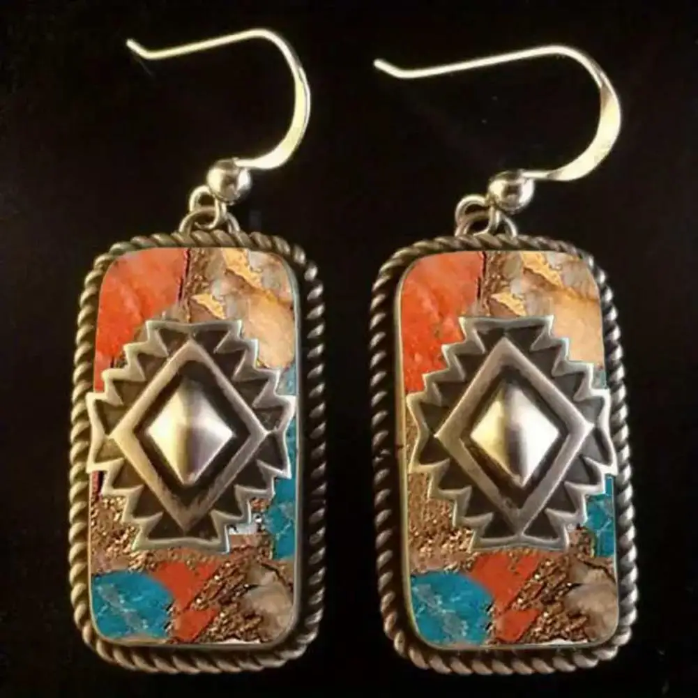 Oblong Shape Earrings Casual Outfit Matching Earrings Bohemian Vintage Ethnic Style Dangle Earrings with Faux Turquoise for Prom