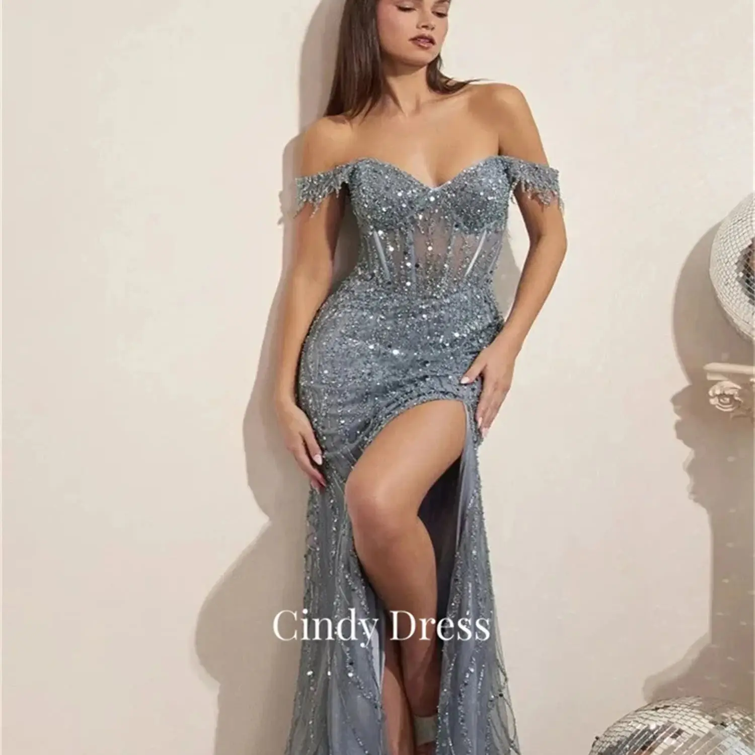 

Cindy Bead Embroidery Gray Blue Beads Off the Shoulders Mermaid Evening Dresses for Formal Occasions Reception Dress Ball Gowns