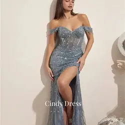 Bordado de cuentas, cuentas grises y azules, hombros descubiertos, vestidos de noche de sirena para ocasiones formales, vestido de recepción, baile personalizado