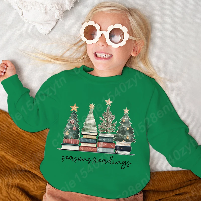 Christmas Trees & Books Seasons Reading Sweatshirt Children Girls Autumn Winter Tops Casual Sports Crew Neck Hoodeless Pullovers