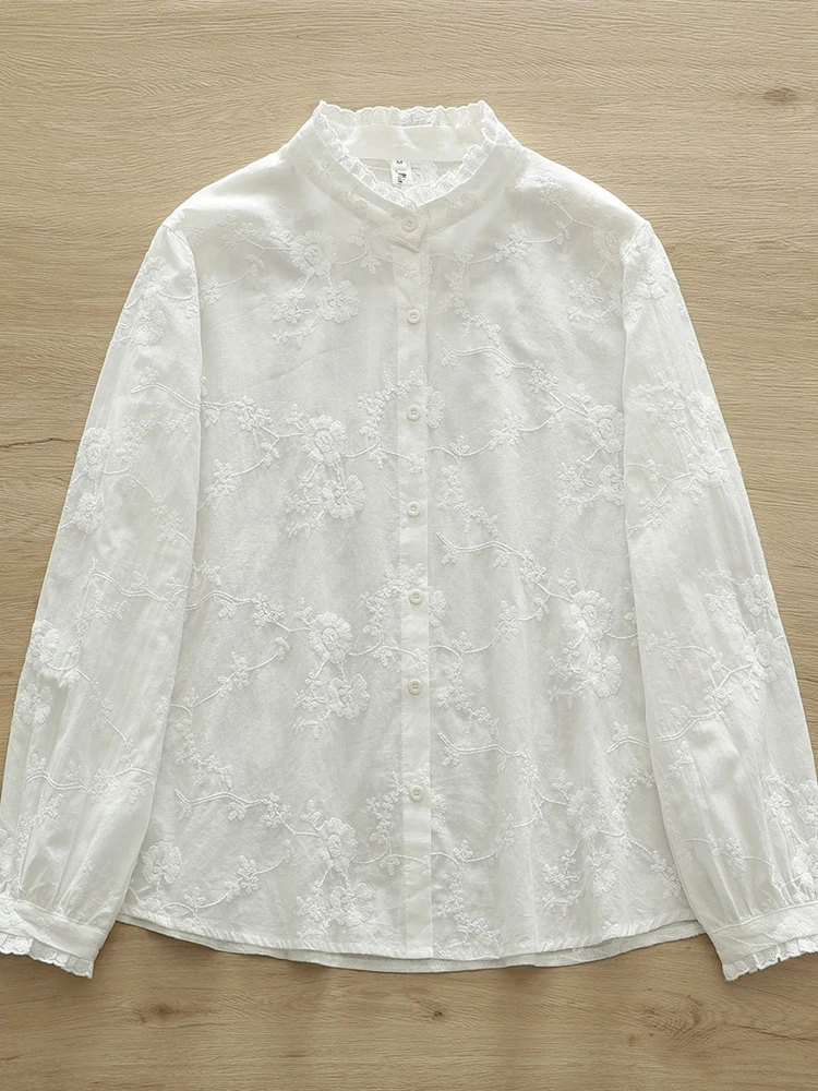 New Autumn Cotton Embroidery Ruffles Shirt, Women French Tops Long Sleeve, Mori Girl Loose Stand Blouses, 2024 Winter T49203KC