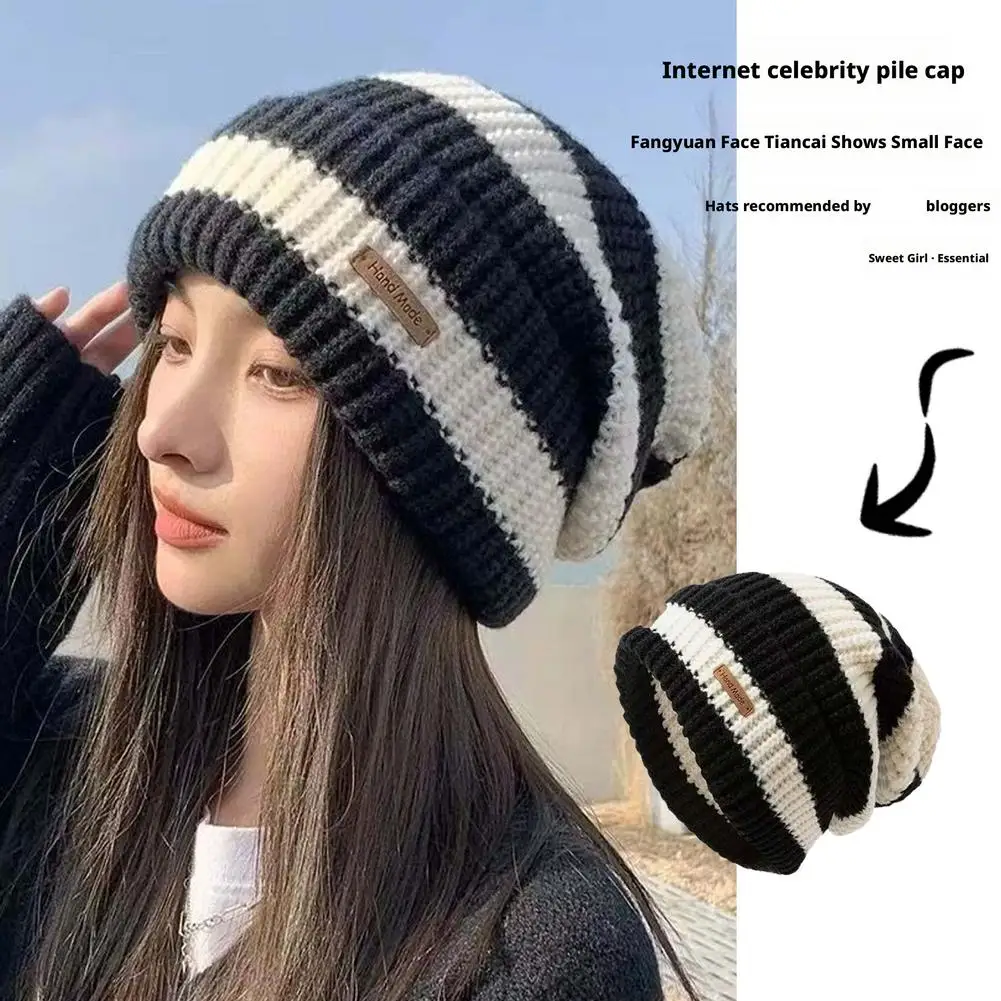 Japanese Style Striped & Letter Knitted Beanie - Unisex Oversized Slouchy Hat for Men & Women, Warm Winter Skull Cap