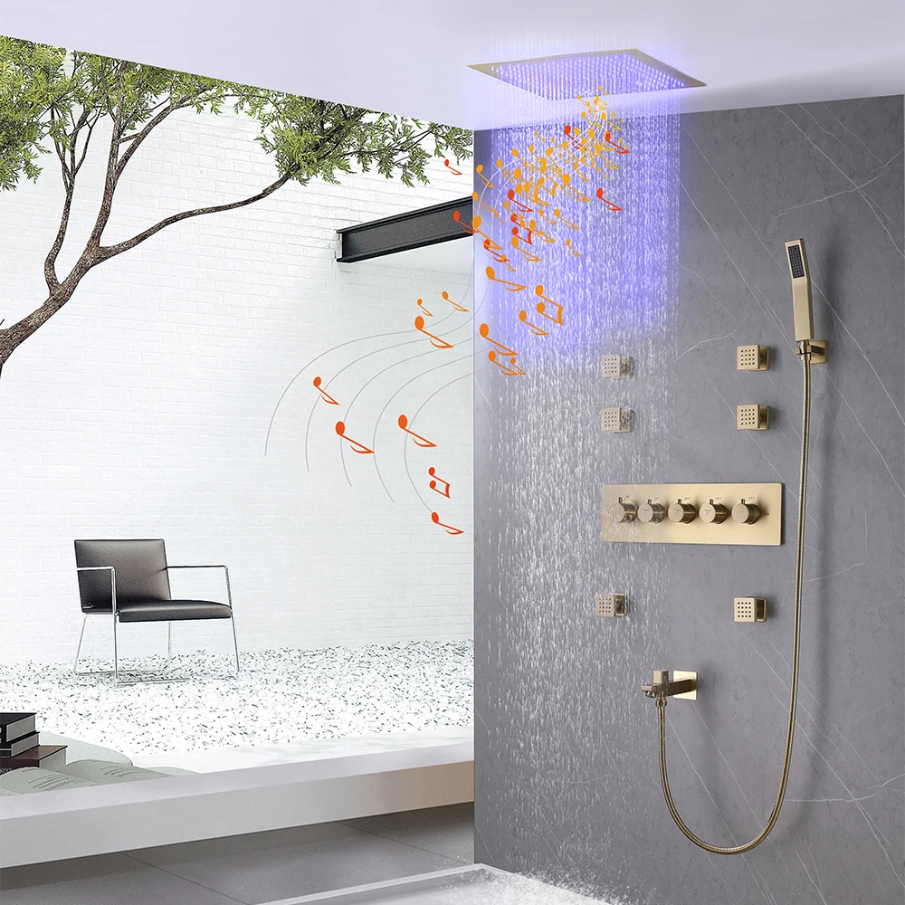 

Luxury Large LED Thermostatic 4 Functions Shower Faucet Set Brushed Gold Music Bath Shower System Set with 16Inch Shower Head