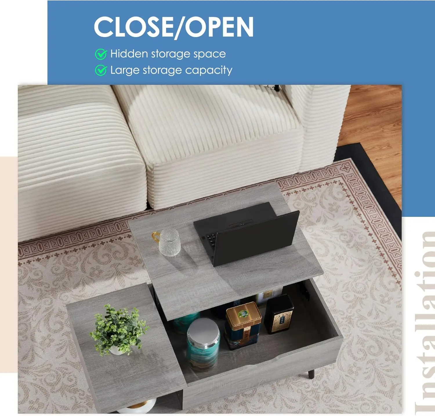 Coffee Table, 39" Wood Lift Top Coffee Table with Hidden Compartment Wood Coffee Desk with Storage Shelf Lift