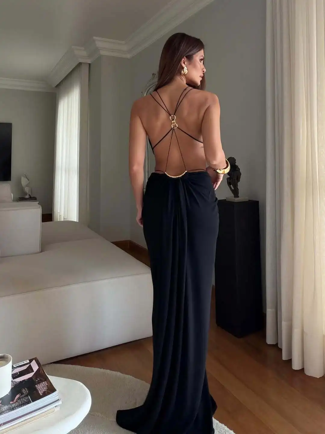 Luxury Deep V-Neck Halter Long Dress Women One Piece Swimsuit Fashion Lady Metal Accents Swimwear Mujer Vacation Party Beachwear