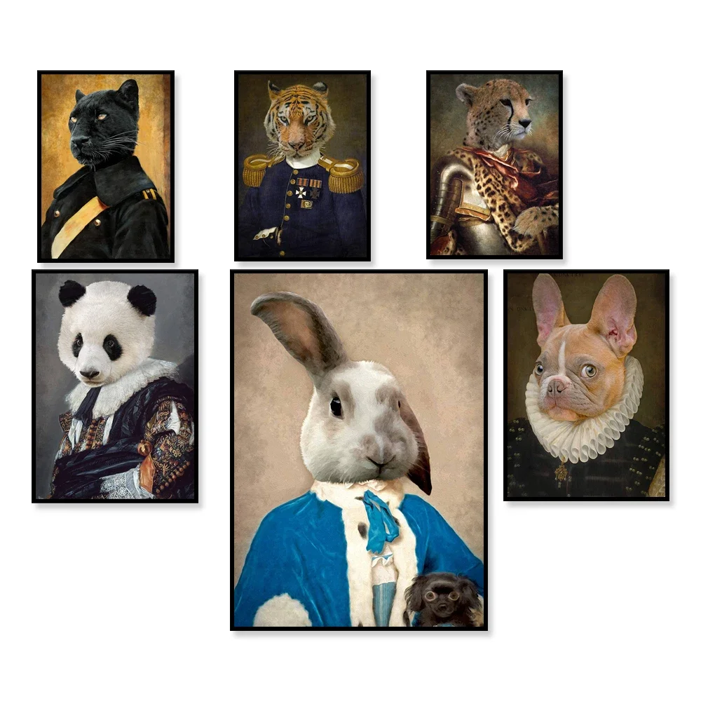 

victorian tabby zebra stag lion french bulldog panda rabbit giraffe portrait animal head human body renaissance animal poster