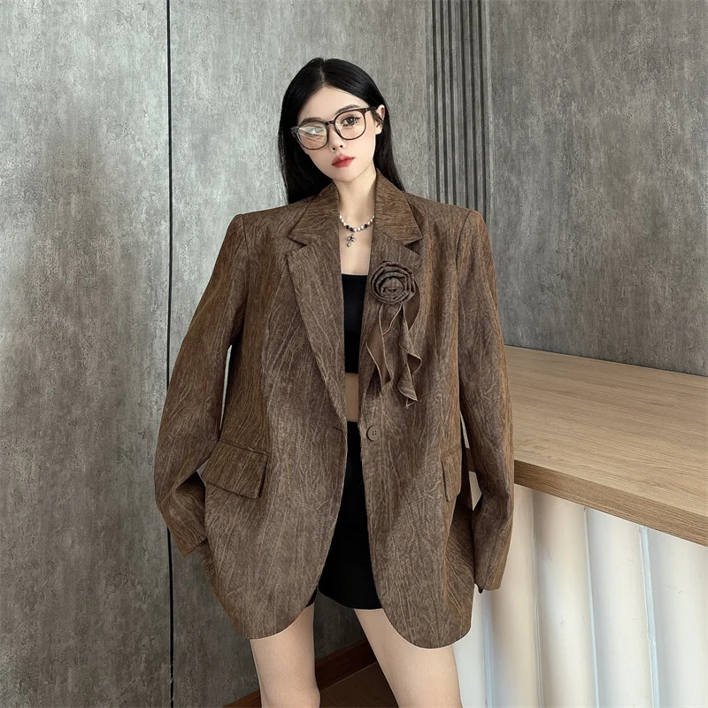 Vintage élégant tridimensionnel fleur ample costume veste printemps automne un bouton manteau femme surdimensionné veste manteau