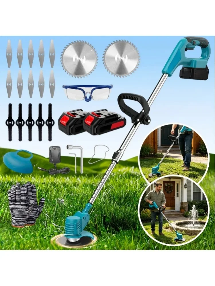 Kabelloser Garten-Rasentrimmer mit 2 Akkus & Ladegerät, verstellbarem Kopf und Teleskopstange. Multifunktionaler Rasentrimmer für Rasenpflege und Gartenarbeit.
