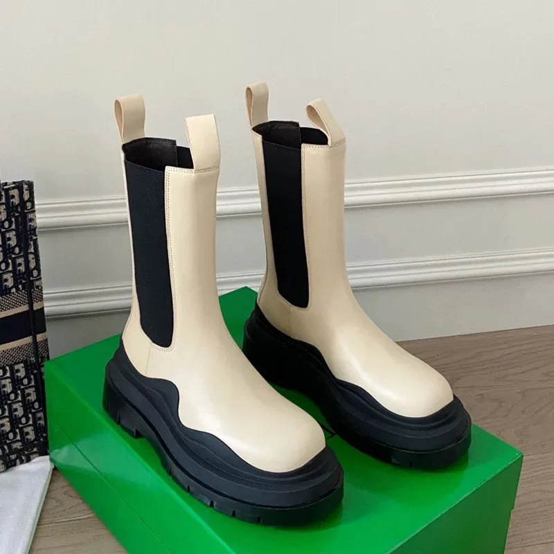 Kobiety w połowie buty ze skórki cielęcej gruba podeszwa platforma buty dla kochanków mężczyzn jesienny rycerz Chelsea Boots wsuwane skórzane Botas