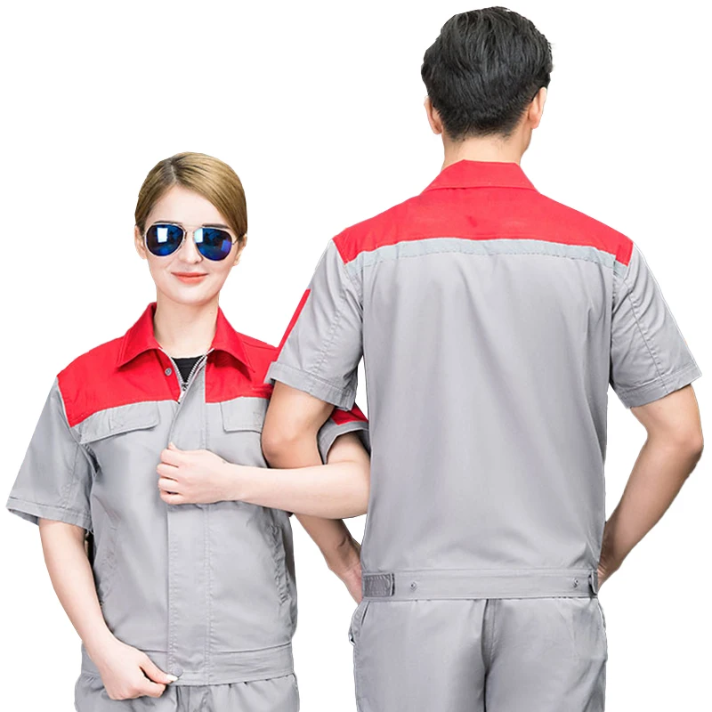 Men Women Short Sleeve Back Reflective Strip Work clothing Factory Motor Mechanic Uniform Workshop Overalls Tops Trousers Suit