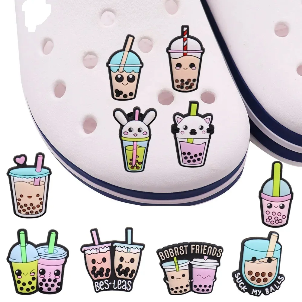 1pcs PVC Shoe Charms Bubble Tea Drink Rabbit Heart Sandals Shoes Decoration Fit Wristbands Hole Slipper Accessories Kid Gift