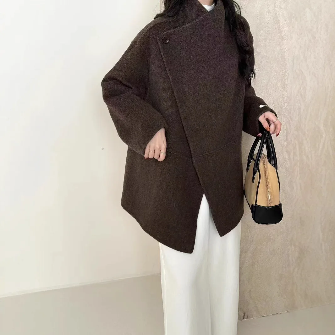 Big collar, one button off shoulder sleeves, double-sided wool coat, women's casual versatile warm autumn and winter new woolen