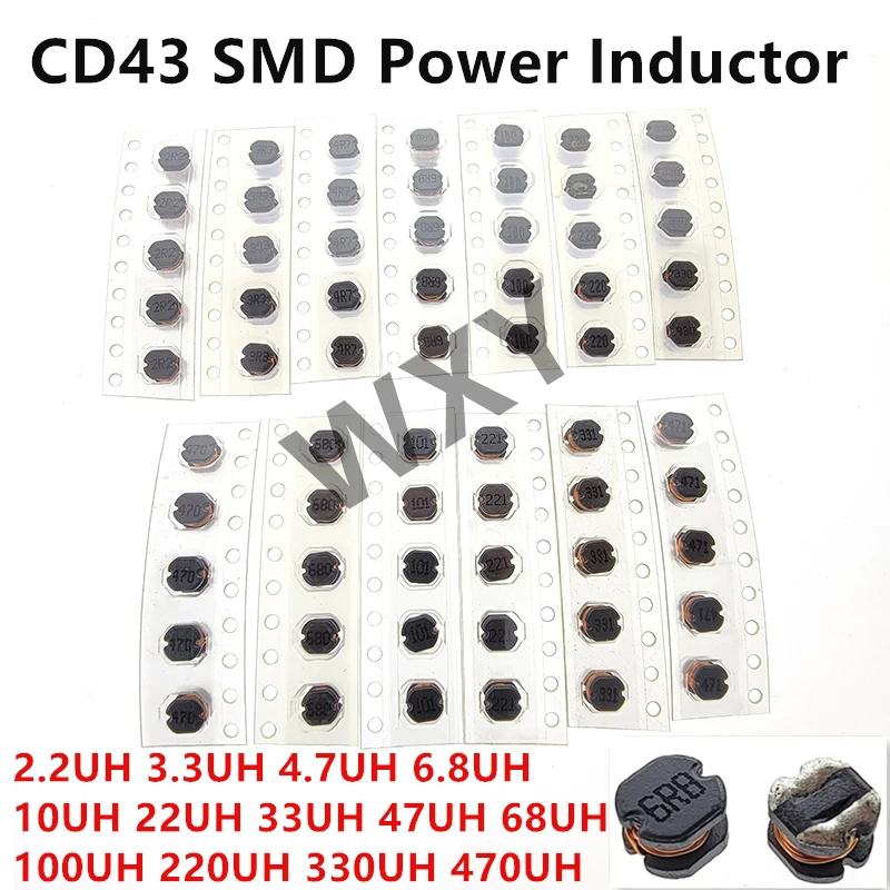 

10/65Pcs 13Values CD43 SMD Power Inductor Assortment Kit 2.2UH-470UH Chip Inductors High Quality CD43 Wire Wound Chip