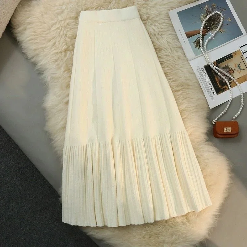 

High Waist Slim Pleated A-line Skirt For Women Autumn Winter Long Knitted Skirts Korean Loose Large Swing Knitted Maxi Skirt