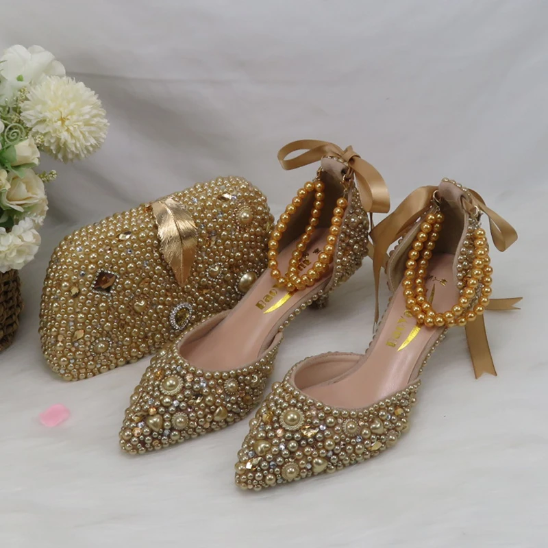 Champagne Gold Bridal Wedding shoes with matching bags woman fashion High Thick heels Women party dress shoes Platform shoes