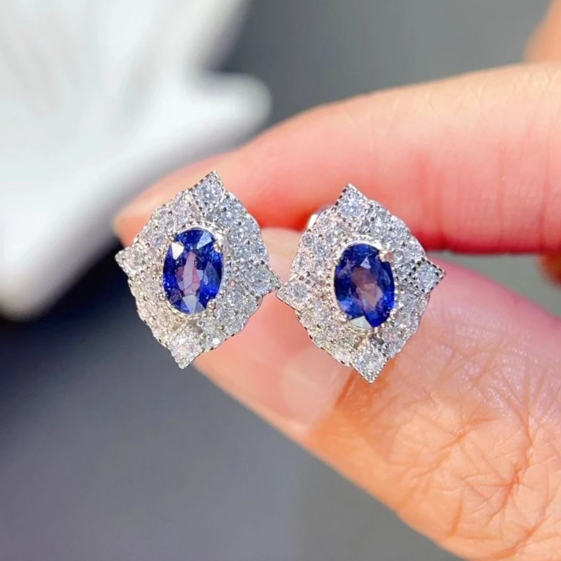 Certified Natural 4*6mm Oval Sapphire Stud Earrings 925  Silver Halo Setting Handcrafted Bridal Cocktail Earrings for Women