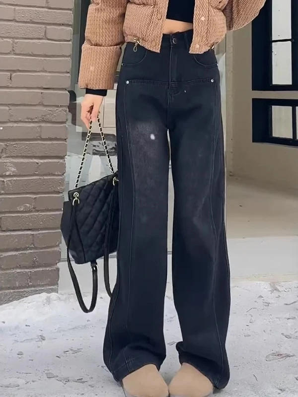 

Женские джинсы больших размеров с высокой талией и прямыми штанинами на подкладке, осень-зима, широкие длинные брюки для похудения