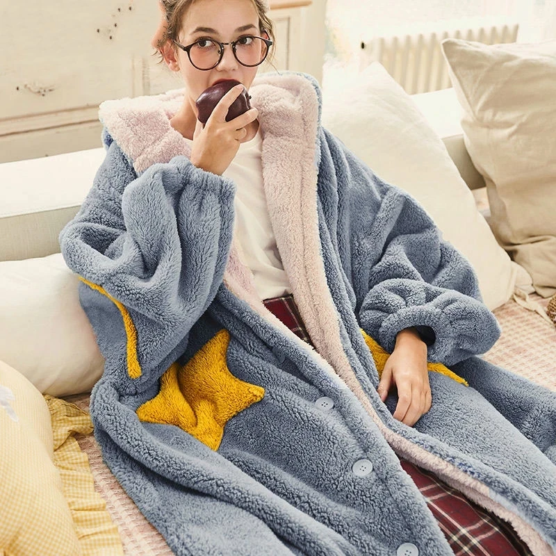 Flannel Fluffy Hooded Nightgowns With Star Pockets Pink Blue Warm Pajamas Dress For Winter Women\'s Robes Calf Length Nightdress