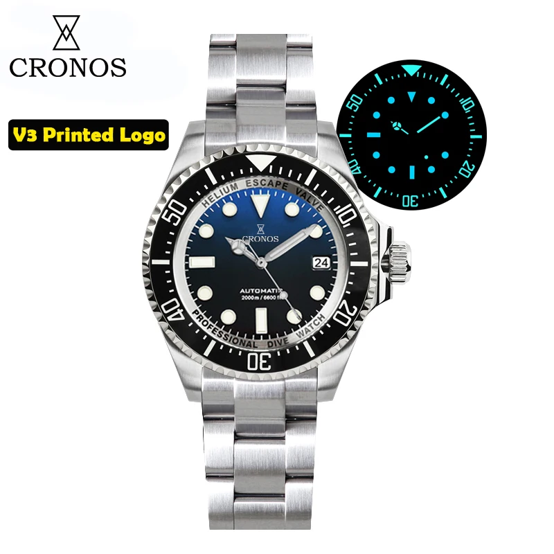 Cronos Automatic Diving Watch Stainless Steel 2000 Meters Water Resistance Professional Diver PT5000 SW200 L6027M image 3