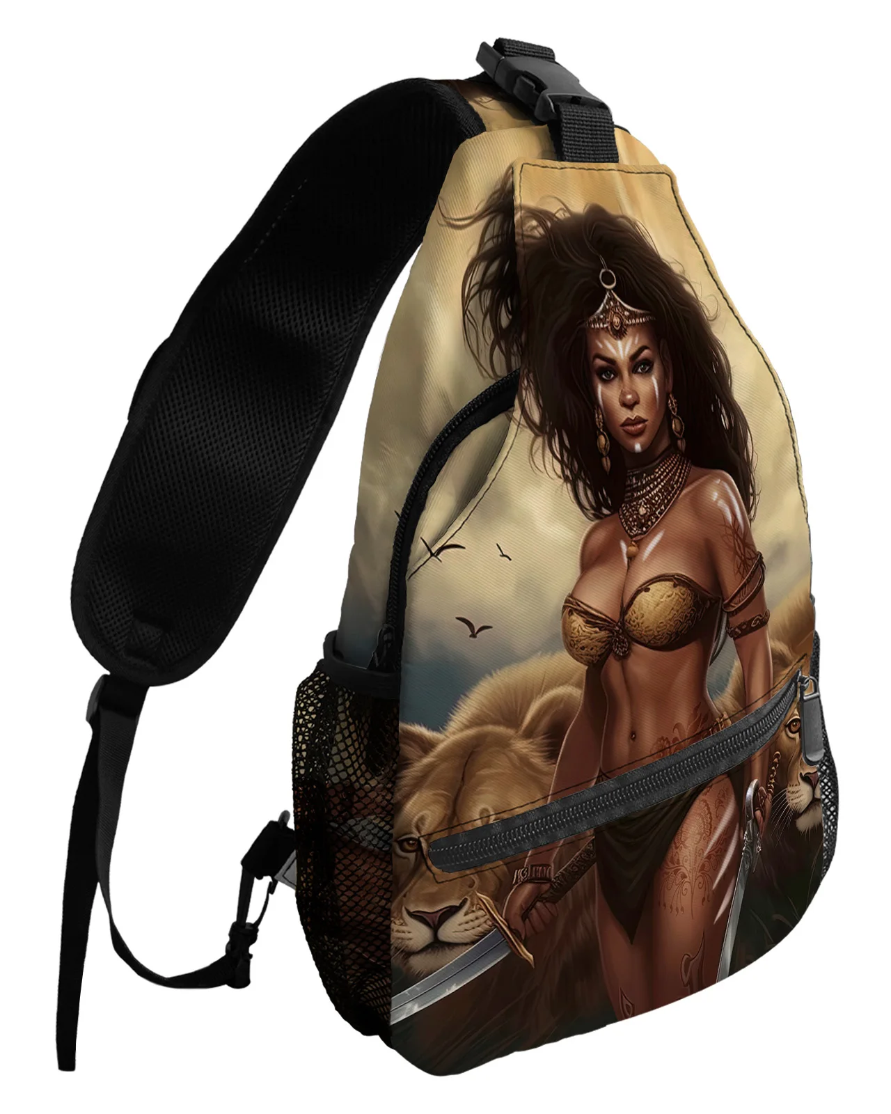 African Savanna Woman Lion Chest Bag for Man Women Casual Crossbody Bag Travel Shoulder Bag Large Capacity Sling Bag