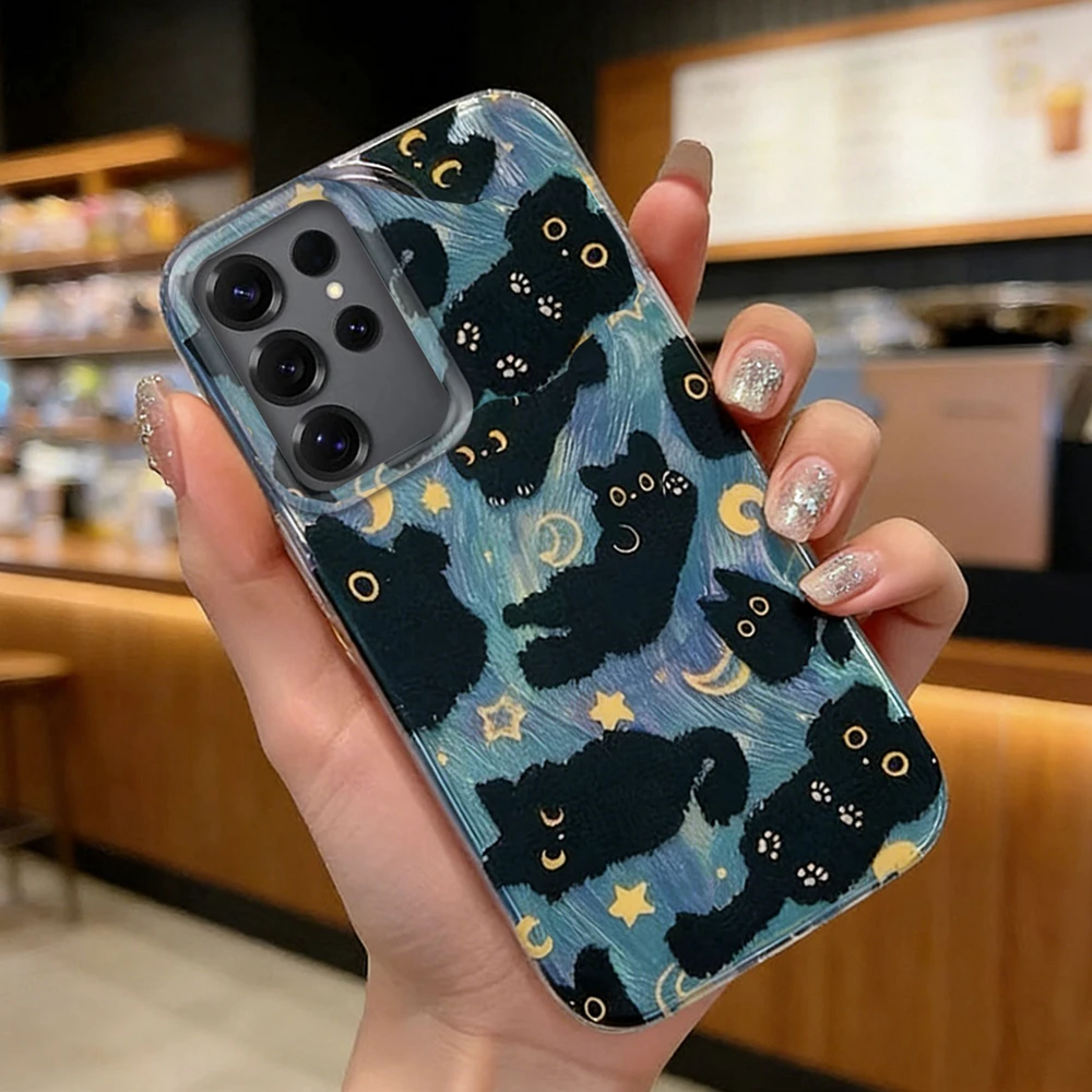 Phone Cases For Samsung Galaxy S25 S24 S26 Ultra S22 S21 S23 Plus S20 FE Korean INS Black Cat Star Moon Shockproof Cartoon Cover