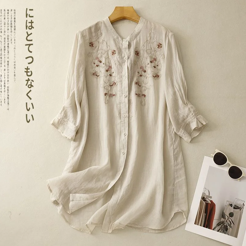 

New Literary Floral Embroidery Women O Neck Cotton Linen Long Shirts Loose Summer Blouses Sum Protection Female Casual Tops