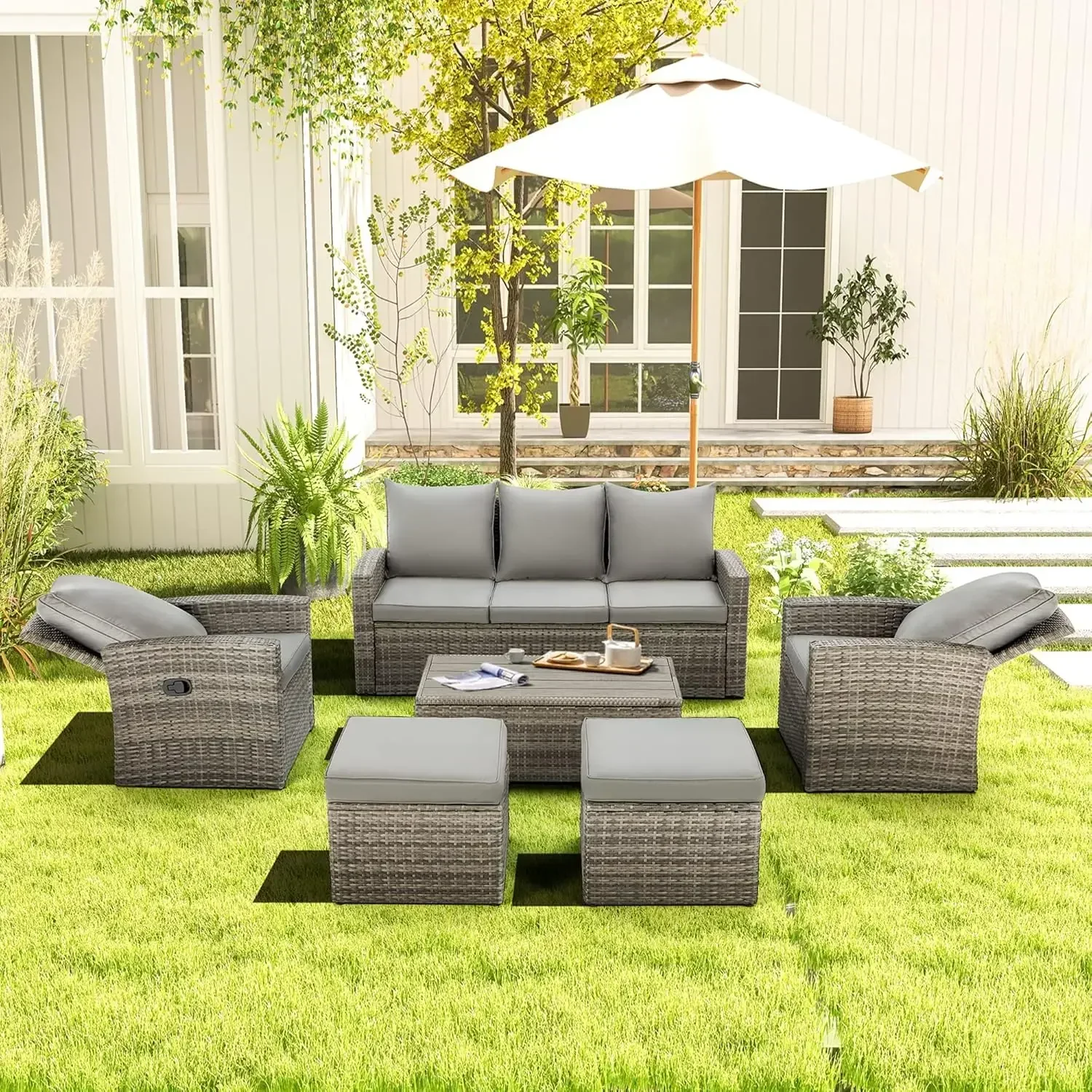 6 Piece Outdoor Patio Funiture Set,Outdoor Sectional Recliner Sofa Modern,All Weather Cushions and Storage Table (Grey)