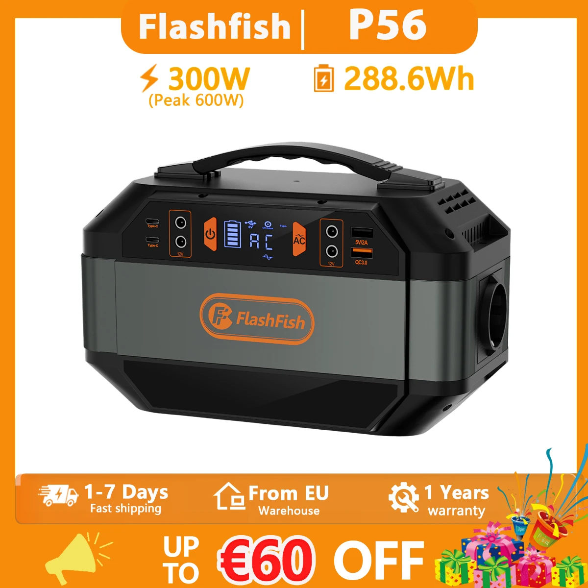 Estación de Energía Portátil Flashfish P56 de 600W de Potencia Máxima, Batería de 288.6Wh, Generador Solar, para Acampar al Aire Libre, Respaldo de Energía para el Hogar, Energía Móvil