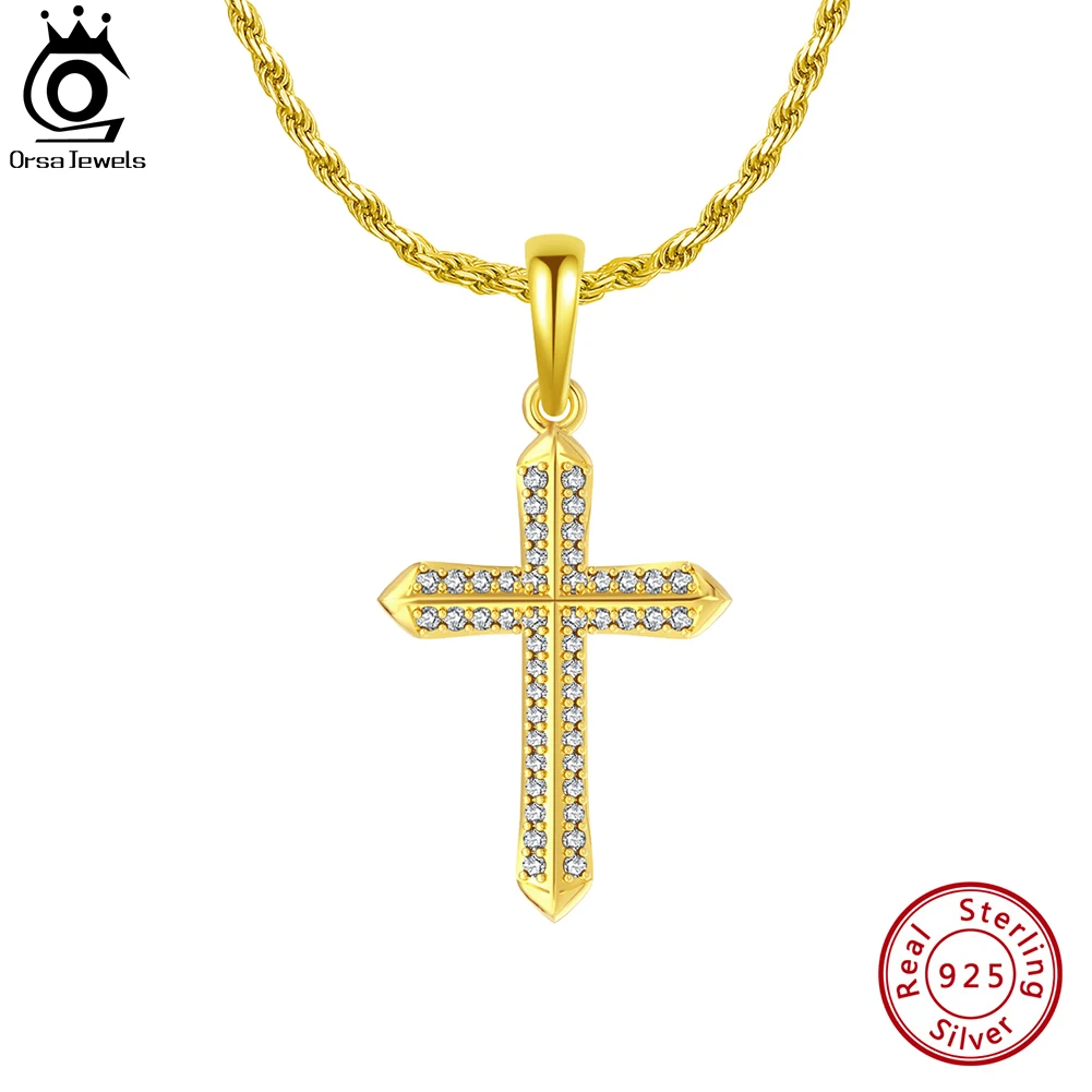 

ORSA JEWELS Luxury 18K Gold Clear CZ Cross Pendant Necklace for Men 925 Sterling Silver Necklace Religious Hip Hop Jewelry NMN06