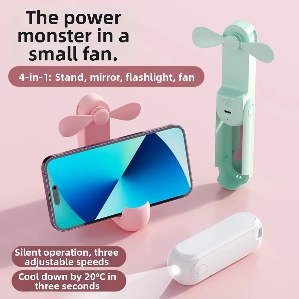 3 IN 1 Handheld Mini Fan USB Rechargeable 3 Gears Folding Flashlight Fan 1200 MAh Lightweight Pocket Silent Fan Summer Outdoor