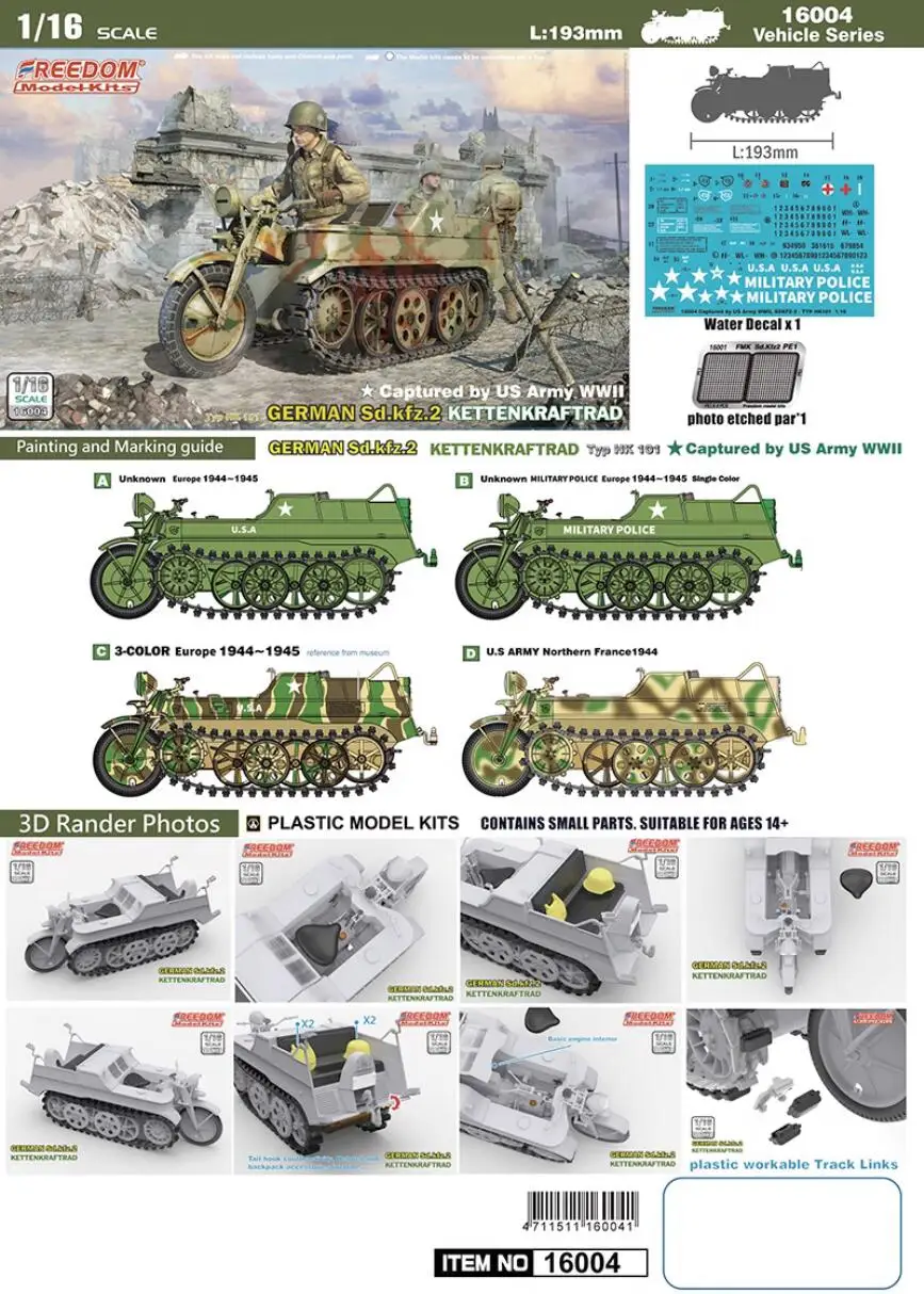 FREEDOM 16004 1/16 Scale Capfured by US Army WWII German Sdkfz.2 Kettenkraftrad Model