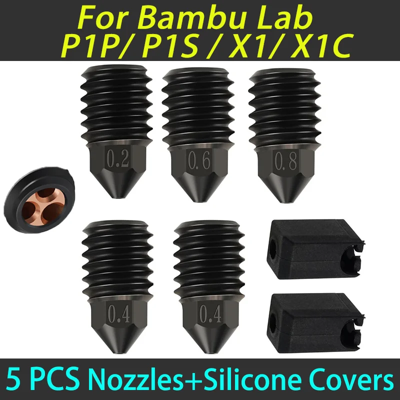 

For Bambu Lab X1/X1C/P1P/P1S Hardened Steel Nozzle 7pcs High Flow Nozzle 0.2/0.4/0.6/0.8mm Nozzle with Silicone Covers