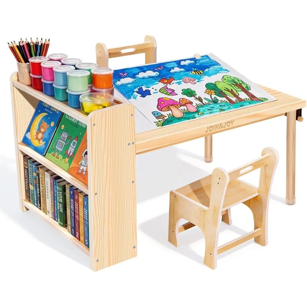 

Children's Art Table and 2 Chair Set, Multiunctional Crat Table with Storage Shelves, Toddler Activity or Creativity, Ding, Lear