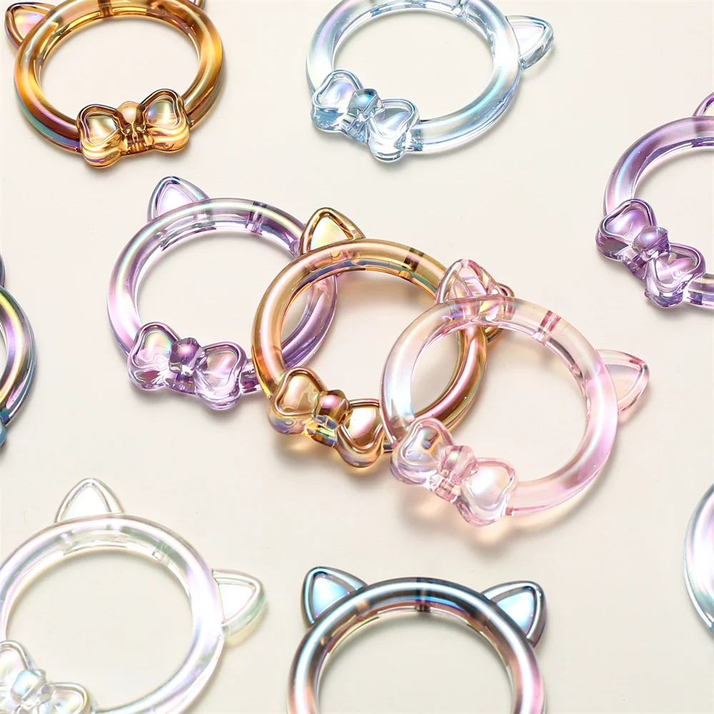 5 Stück/Packung 40mm Harz-Katzenohr-Schleifenperlen mit vertikalem Loch, bunte transparente Ringanhänger für DIY-Halsketten- und Armbandherstellung – Detail 1