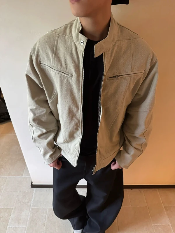 

Khaki Waed Canvas Stand Collar Workwear Jaet American Barn Sle Autumn Deconstructed oulder Motorcycle Clothing for Men