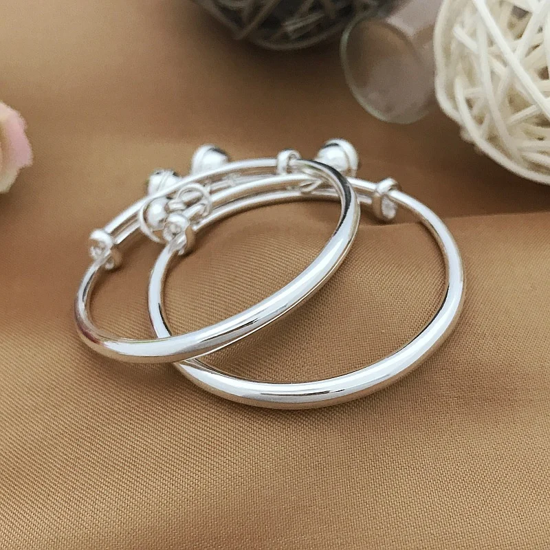 Hypoallergenic S999 Pure Silver Baby Bracelet Set Adjustable Push Pull Bangles With Tiny Bells For Infant Toddler Boys Girls