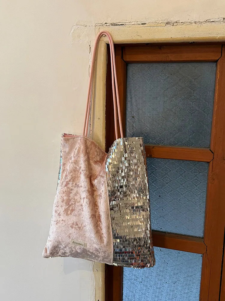 Pink Velvet Patchwork Sequins Tote Bag Women's High-Capacity Commuting Buckle Shoulder Bags Trendy Casual Female Handbags