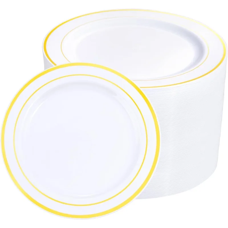 

144Pcs Gold Dessert Plates, 7.5 Inch Plastic Cake Plates, White Plates with Gold Rim Heavy Duty Plastic Party Plates