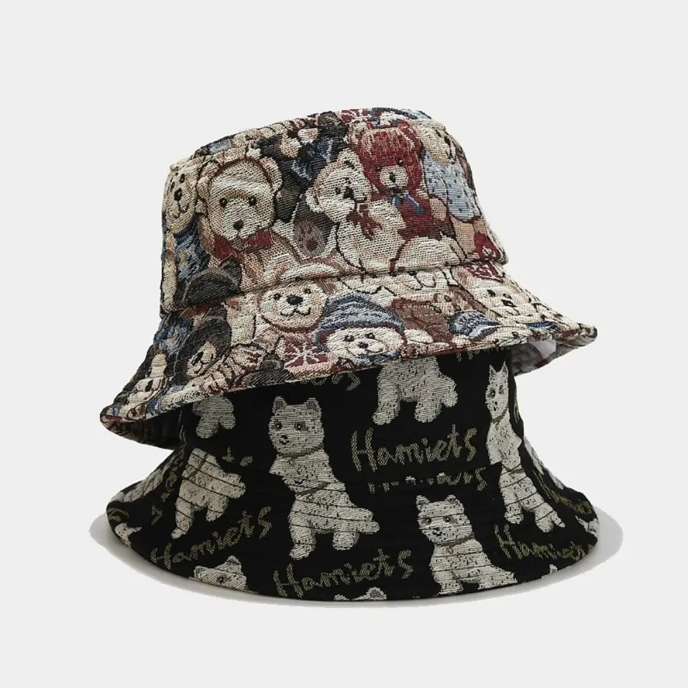 

Fashion Cartoon Bear Embroidery Fisherman Hat Wide Brim Breathable Panama Hat Adjustable Anti UV Bucket Hat for Women