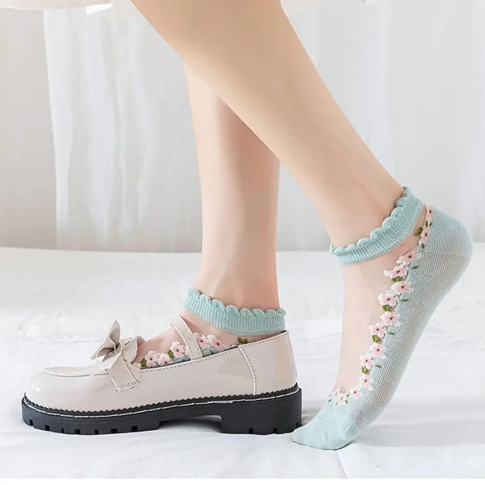 High Quality Breathable Crystal Glass Silk Socks Silk Transparent Lastic Socks Jacquard Lace Short Socks