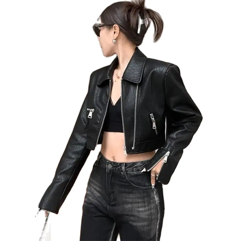 2024 Spring Imitation Leather Motor Jackets New Collection Long Sleeve Zippers Shoulder Black Short Punk Outerwear Women Coat