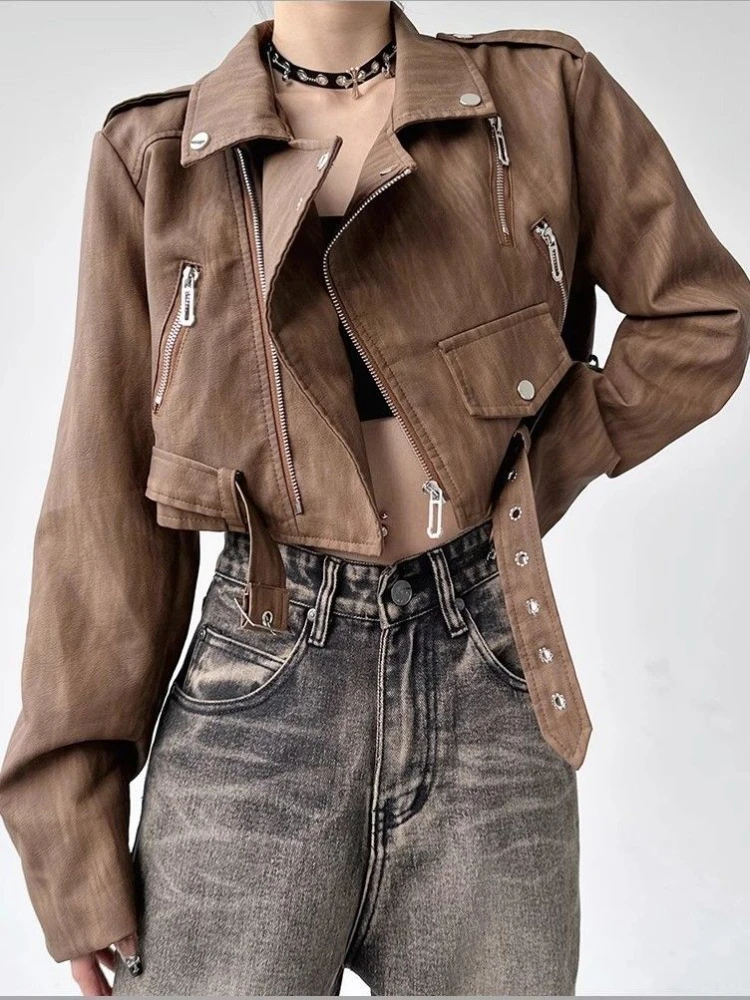 Punk Brown Cropped Leather Jacket Women Outwear Zipper Moto Biker Leather Jacket Casual Chic Design High Street Leather Coat New