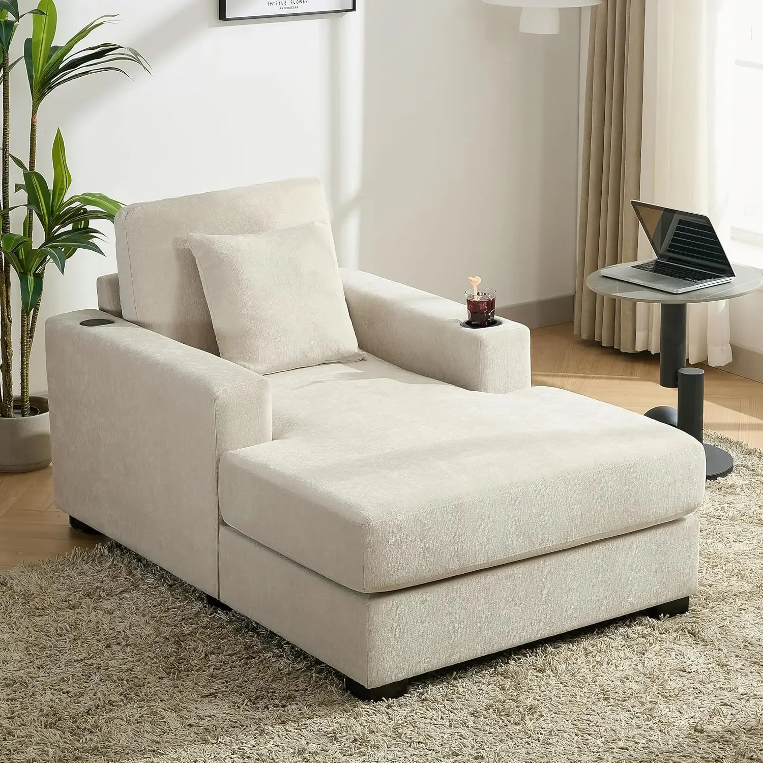 Indoor Chaise Lounge with Pillows, Charge Station & Cup Holders, Single Sofa Couch with Armrest and Soild Wood Legs, Gream