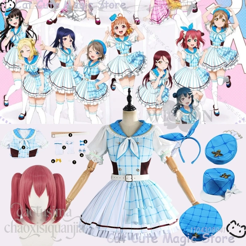 

Game Lovelive 15th Anniversary Cosplay Aqours Kurosawa Ruby Costume Blue Plaid Pattern Dress JK Headwear Christmas Event Outfit